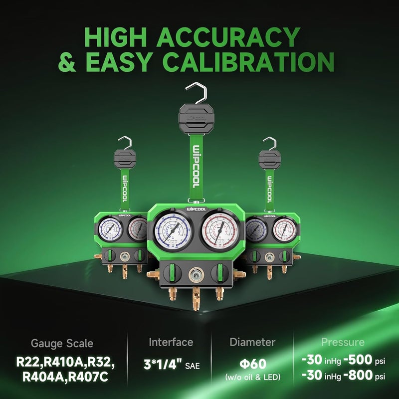 WIPCOOL Manifold Gauge Kits for R22 R410A/R32 R404A R407C Air Conditioning Refrigerants, with Sight Glass 3 * 1/4" SAE Ports, Shockproof Integrated Design - Image 4